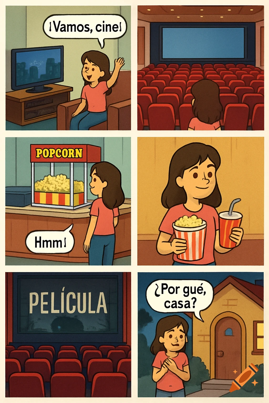 Six-panel comic of a girl going to the cinema, getting popcorn, watching a scary movie, and wanting to go home.
