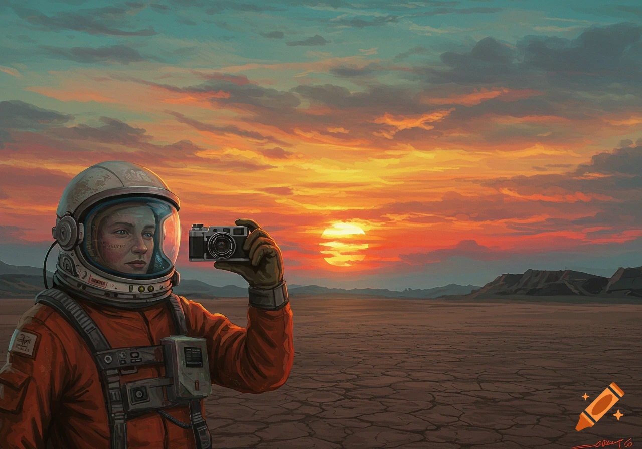 Astronaut taking a photo of a sunset over a desert landscape.
