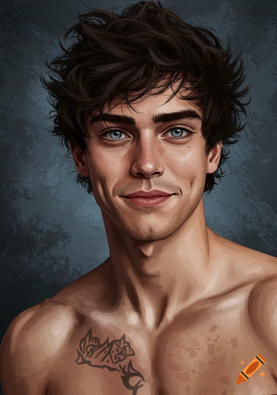 Portrait of a young man with messy hair, blue eyes, dimples, and a chest tattoo.