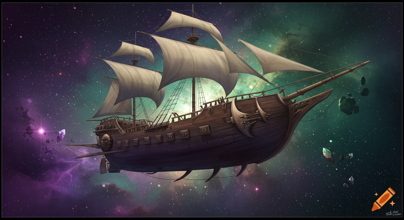 A detailed image of a steampunk ship with sails floating through a starry space nebula filled with asteroids.