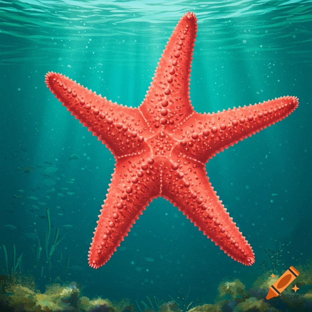 A red starfish is centered underwater above a coral reef.