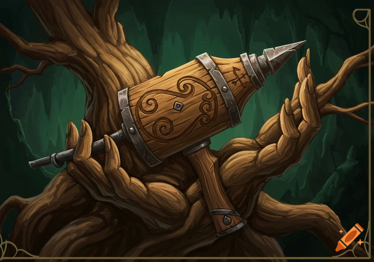 A rustic wooden elven handheld drill is held by tree-like hands.