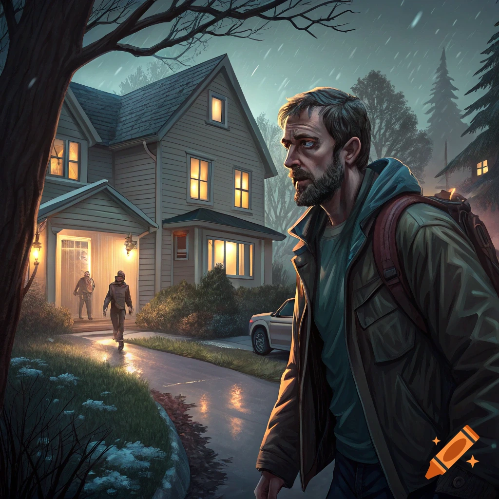 A man with a backpack looks back towards a house in the rain at night, where two figures stand on the porch.