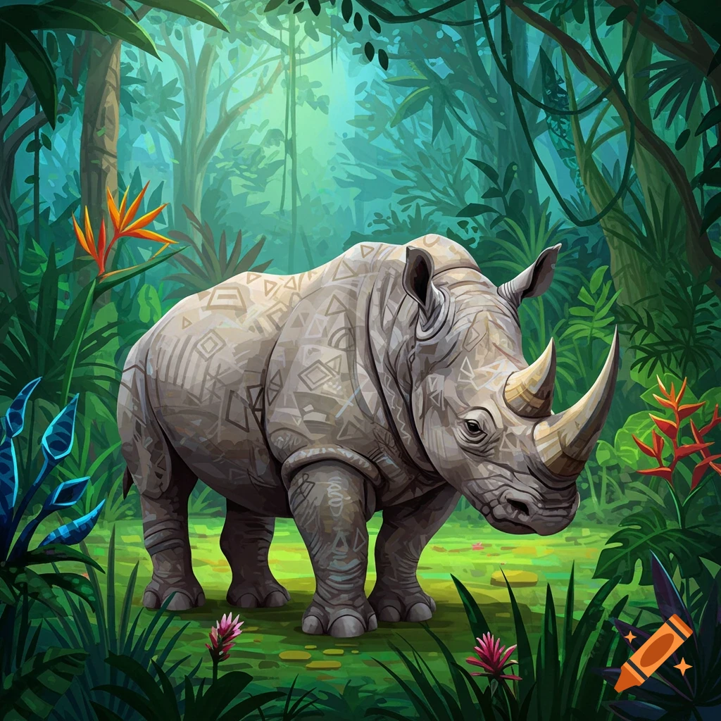 A rhinoceros with geometric patterns on its skin stands in a lush jungle.