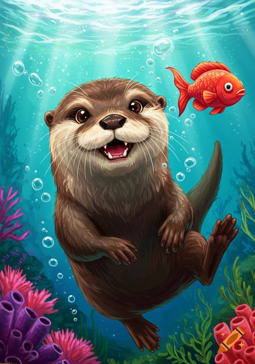 A cute otter swims underwater alongside a fish.
