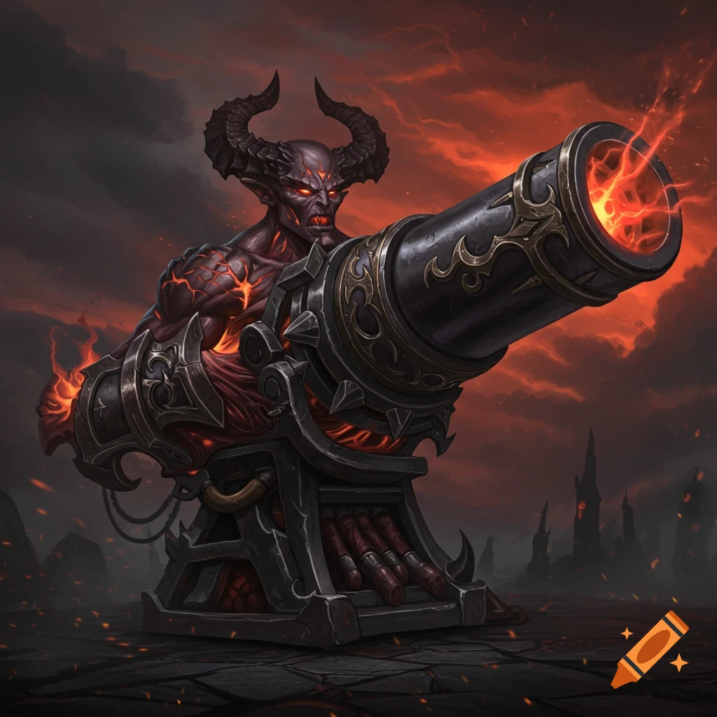 A demon with a cannon for an arm in a dark, fiery landscape.