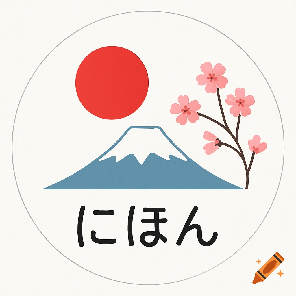 Minimalist logo with red sun, Mount Fuji, cherry blossoms, and Japanese text にほん (Japan).
