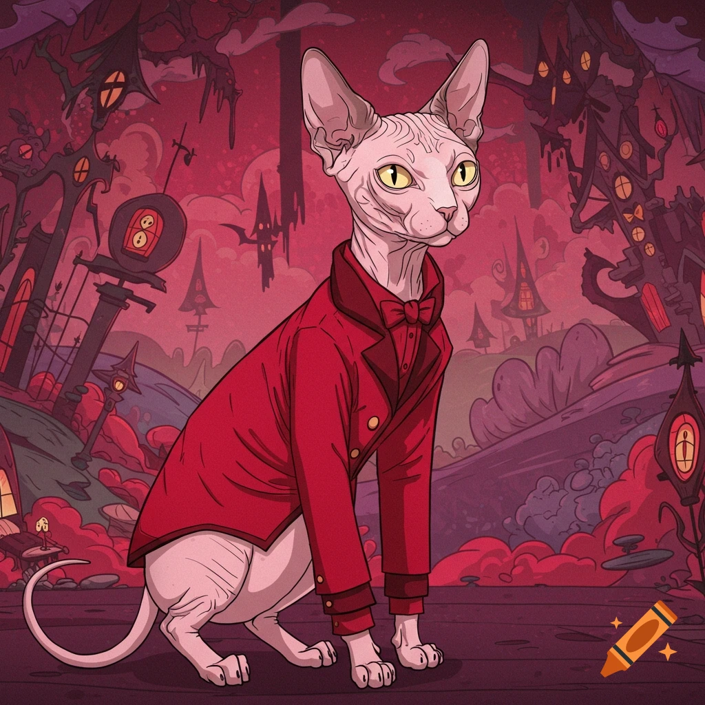 A Sphynx cat in a red suit and bowtie sits in a spooky red fantasy landscape in an animation style.