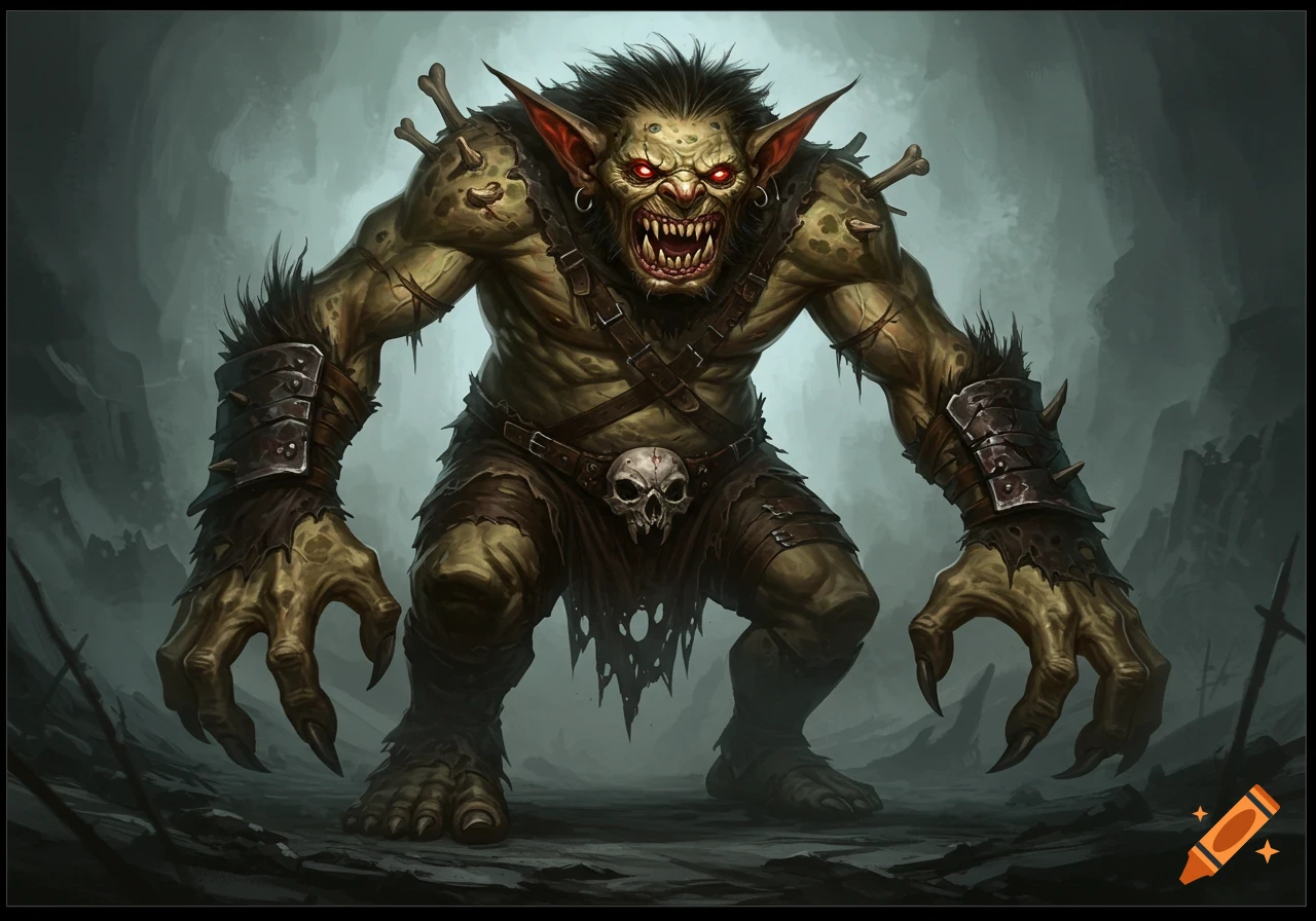 A giant scary goblin crouched in a dark cave.