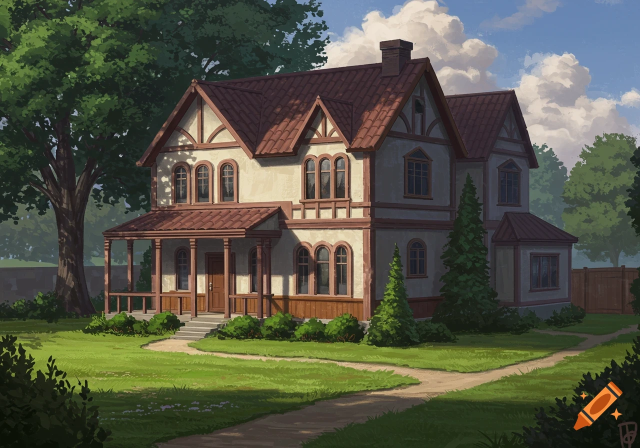 A large house with a red roof, porch, green lawn, trees, and a winding path under a blue sky.