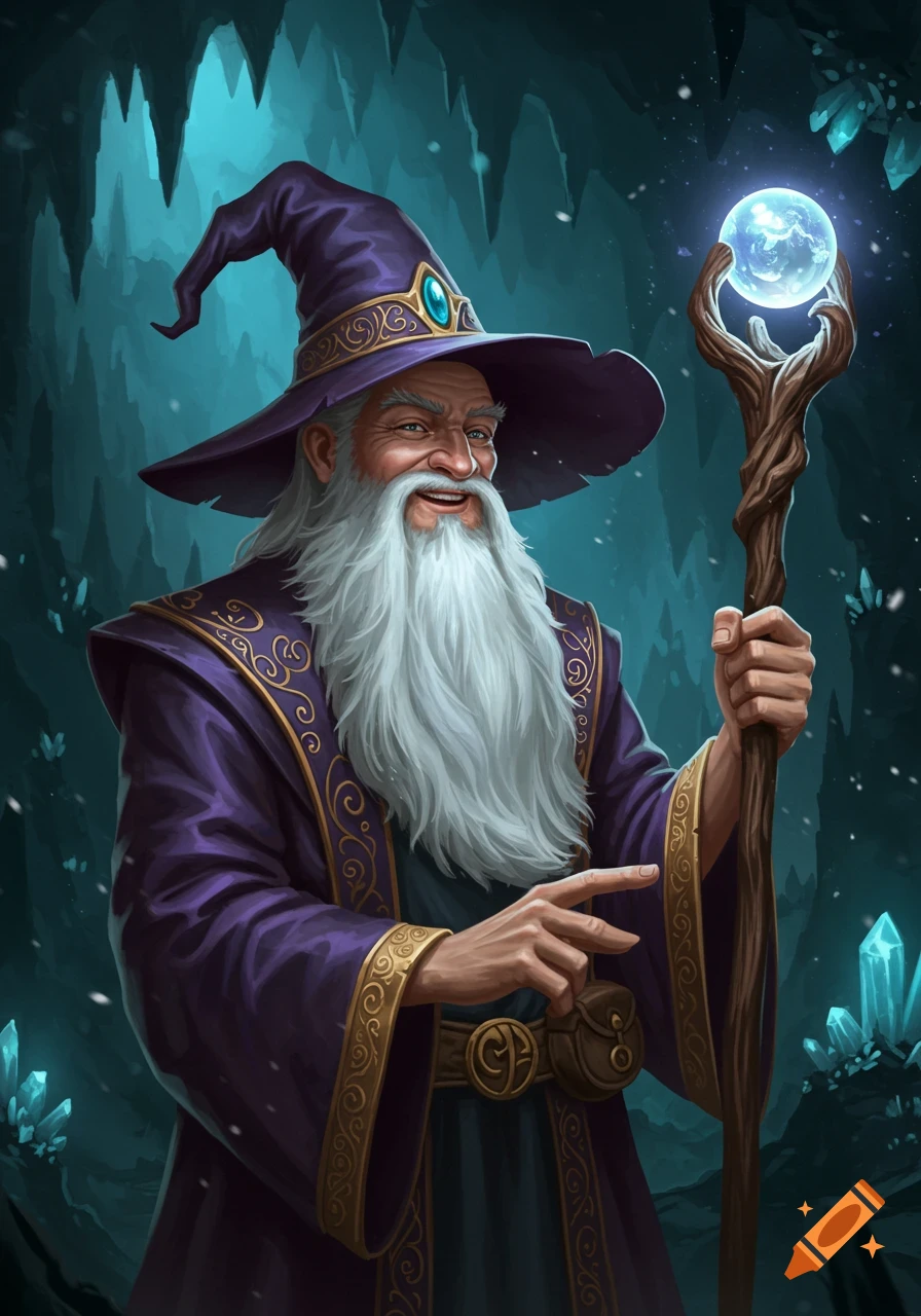A smiling wizard in a purple robe holds a glowing orb on a staff in an ice cave.