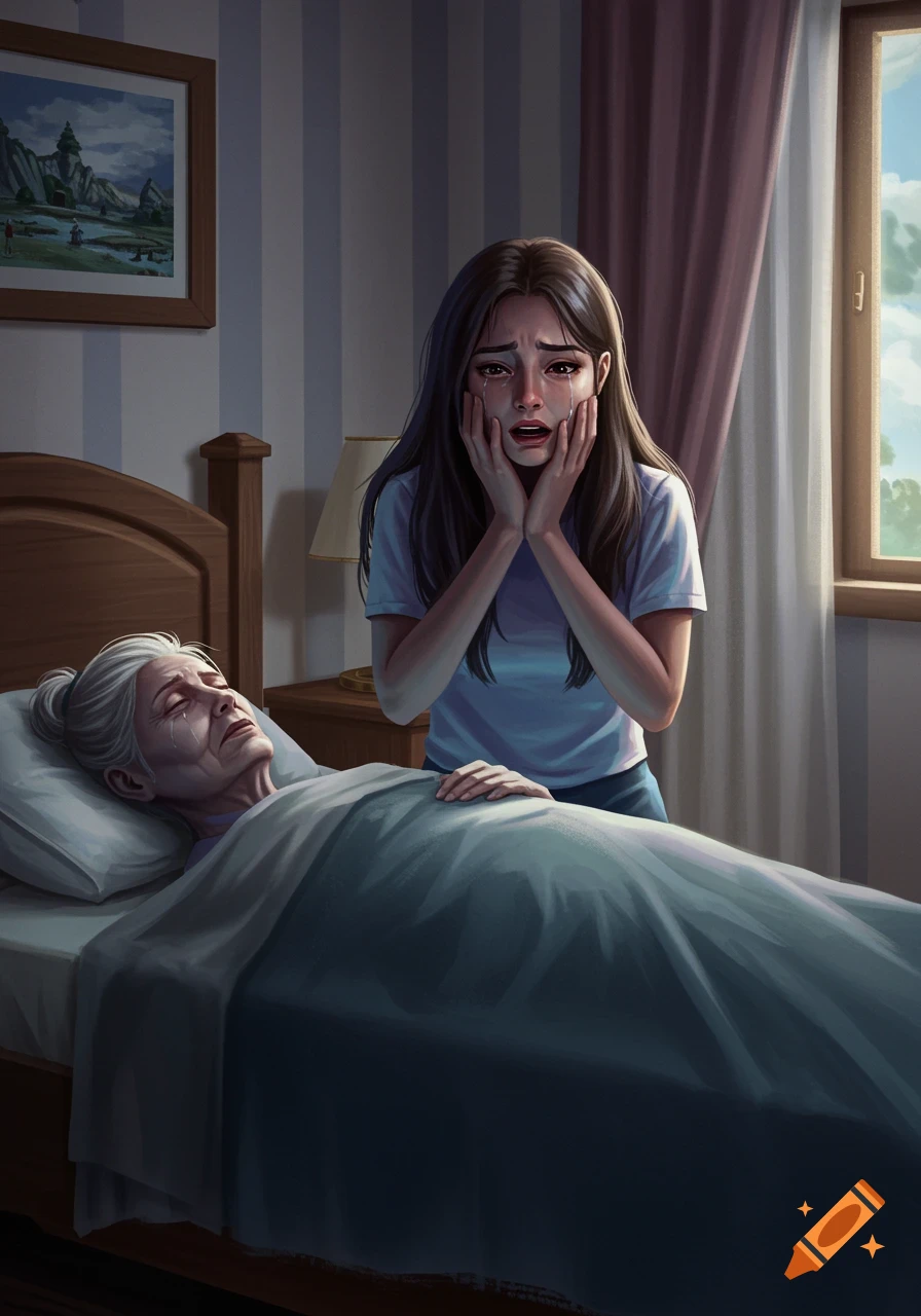 A crying woman stands over an older woman lying in a bed.