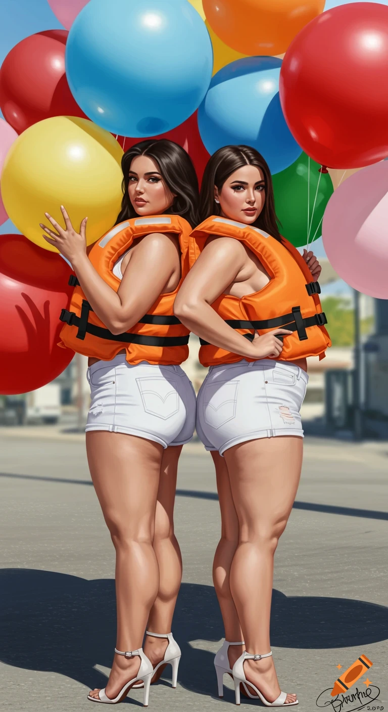 Two women in life jackets and white shorts holding large balloons.