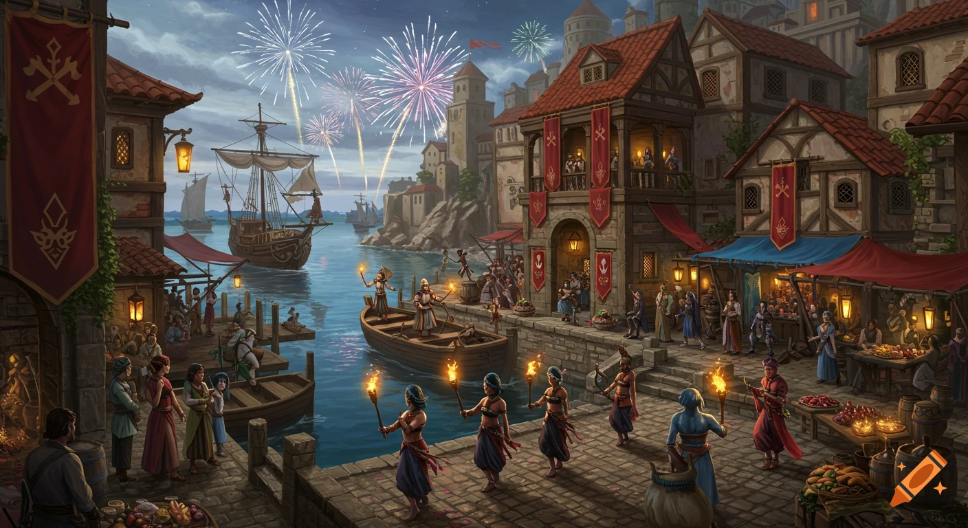 A bustling fantasy harbor city at night with ships, buildings, people celebrating, and fireworks.