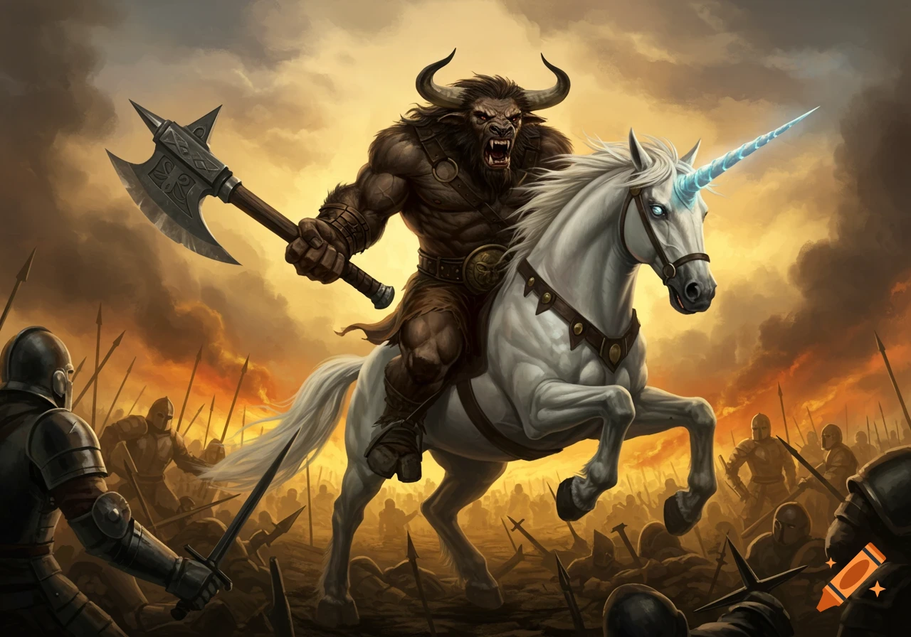 A minotaur on a unicorn rides into battle with an axe.
