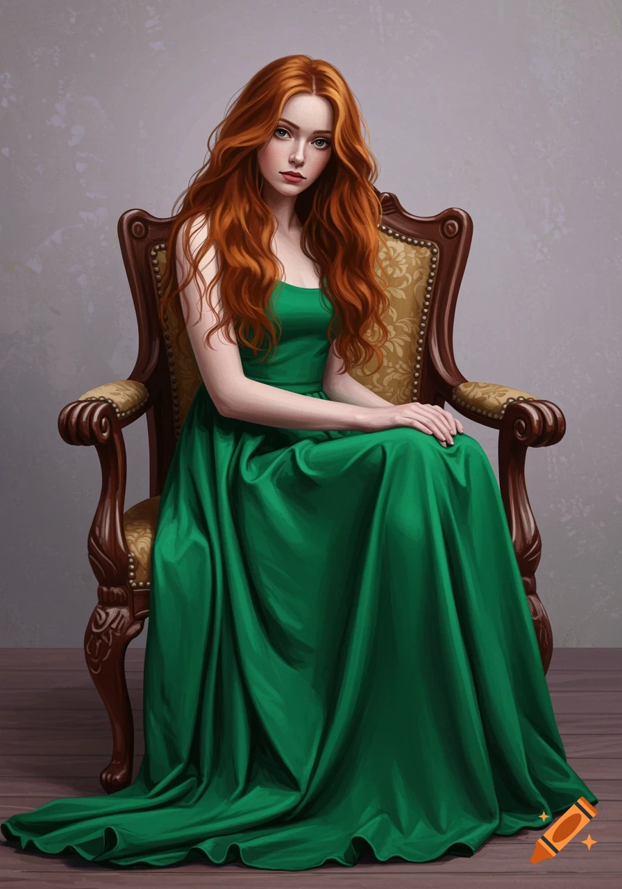 A woman with red hair in a green dress sits in a vintage chair.