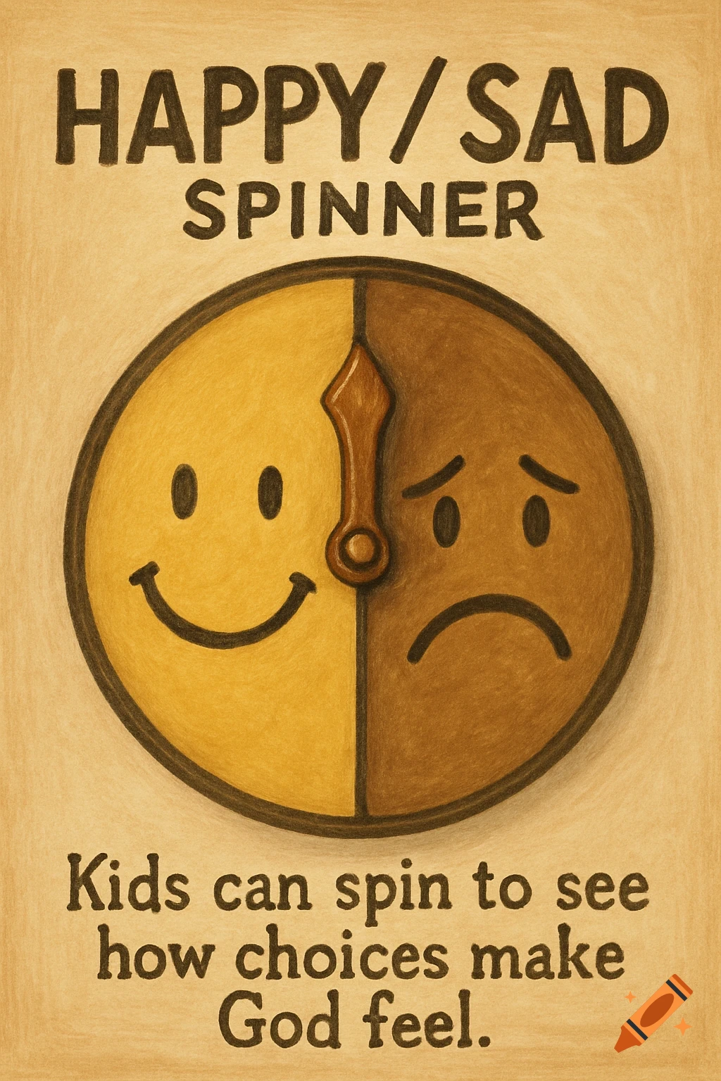 A spinner with happy and sad faces and text about choices making God feel.