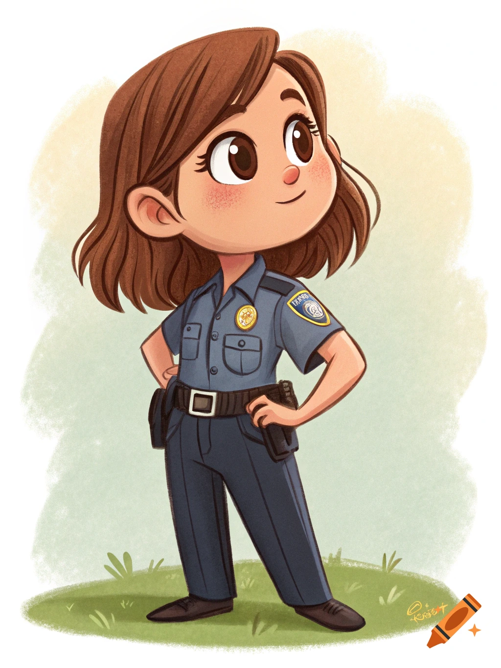 A cute cartoon girl in a police uniform stands with hands on hips on a patch of grass.