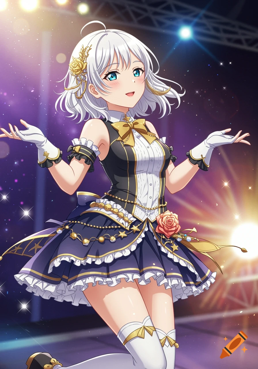 An anime idol character on a stage in a dark and gold performance costume.