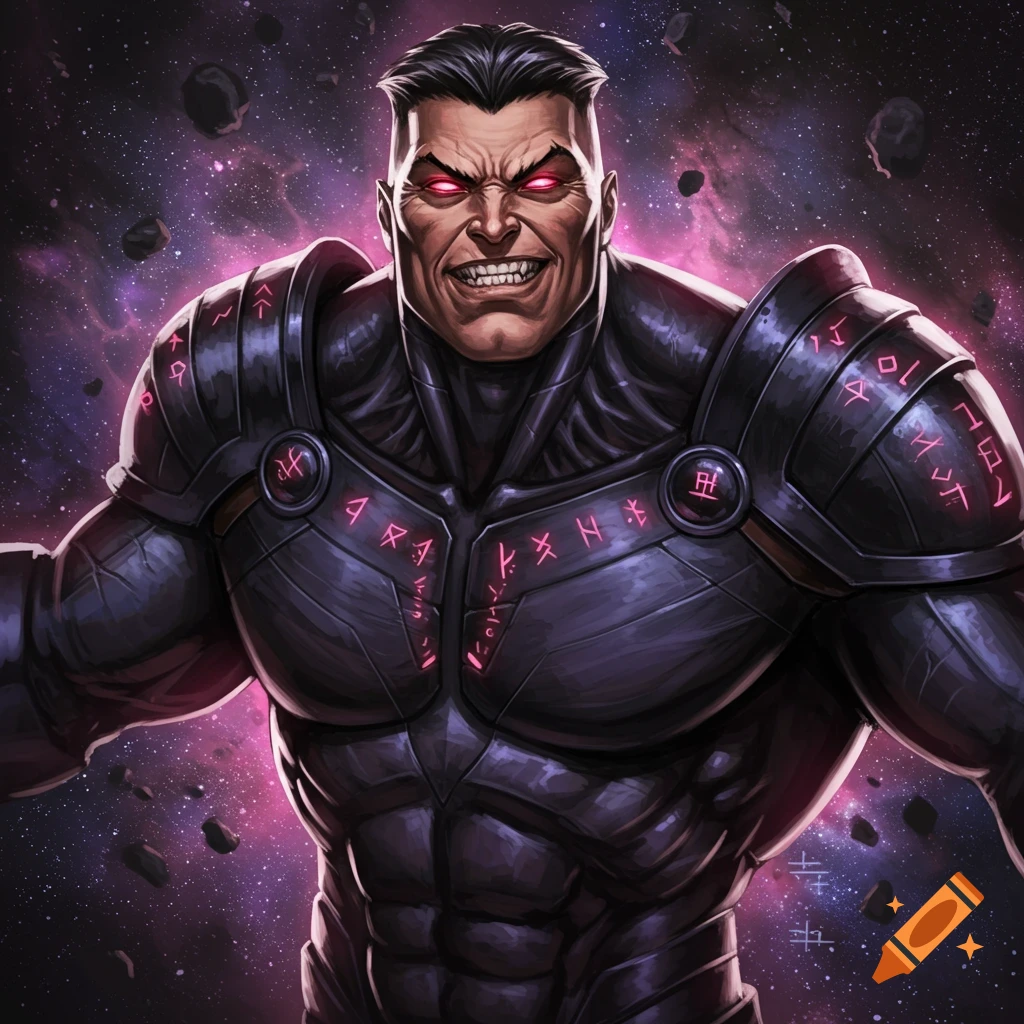 Muscular man in dark armor with glowing red eyes in space.