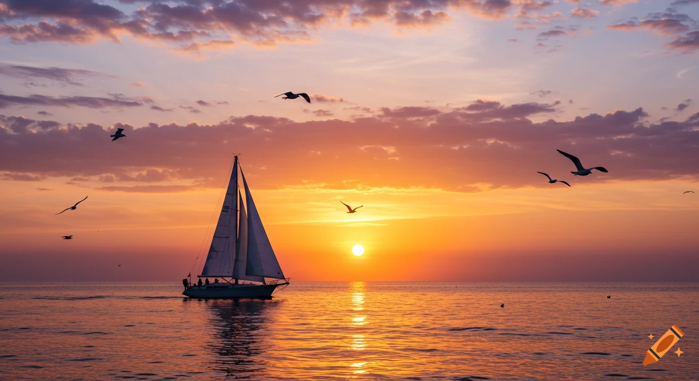 Sailboat sailing on the sea at sunset with birds flying