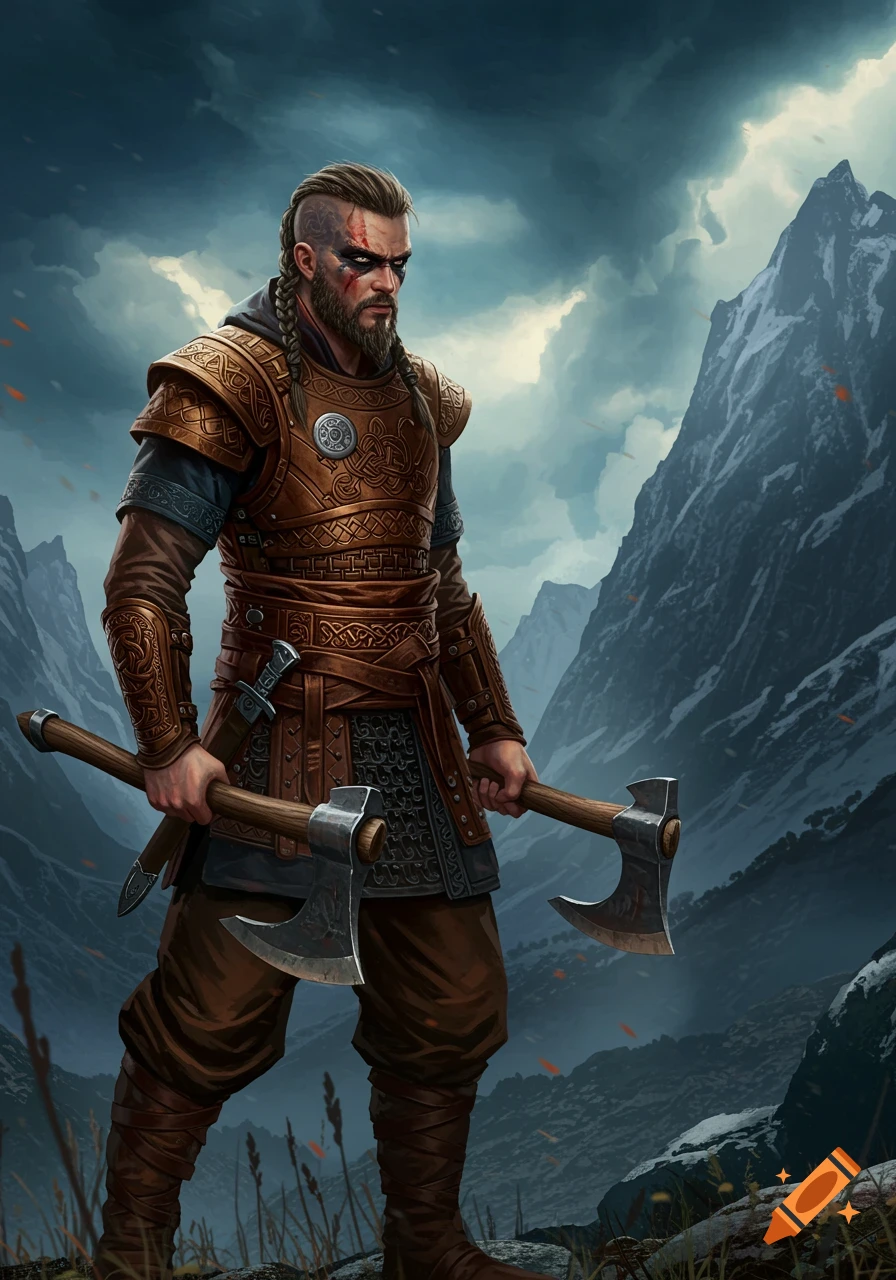 A Viking warrior in detailed armor holding two axes, standing in a dramatic mountain landscape.