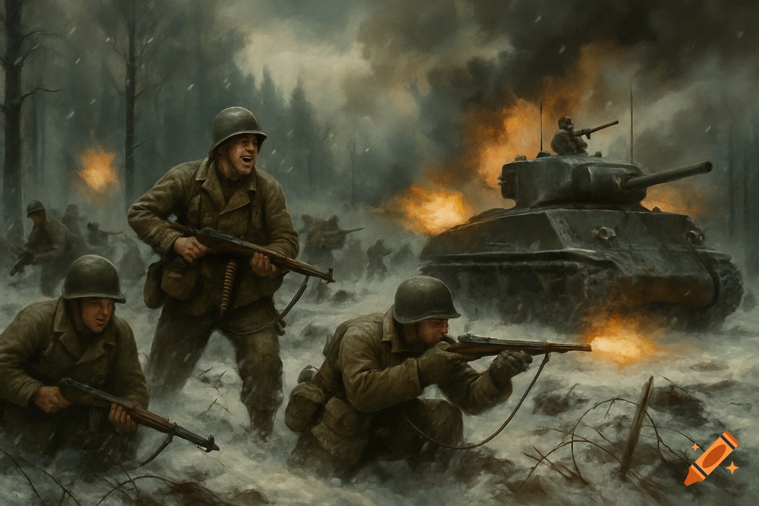 Soldiers and a tank in a snowy battle scene