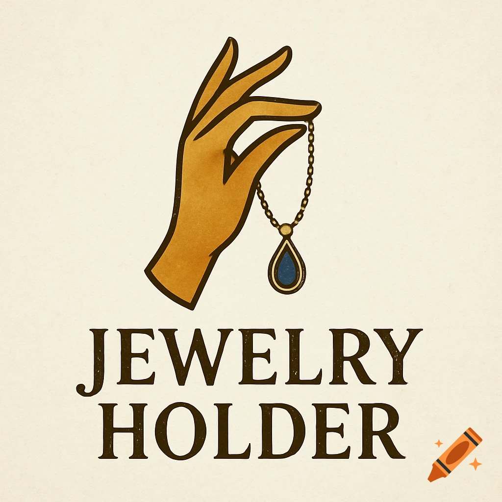 Stylized illustration of a hand holding a necklace with a blue pendant above the text 'JEWELRY HOLDER'.