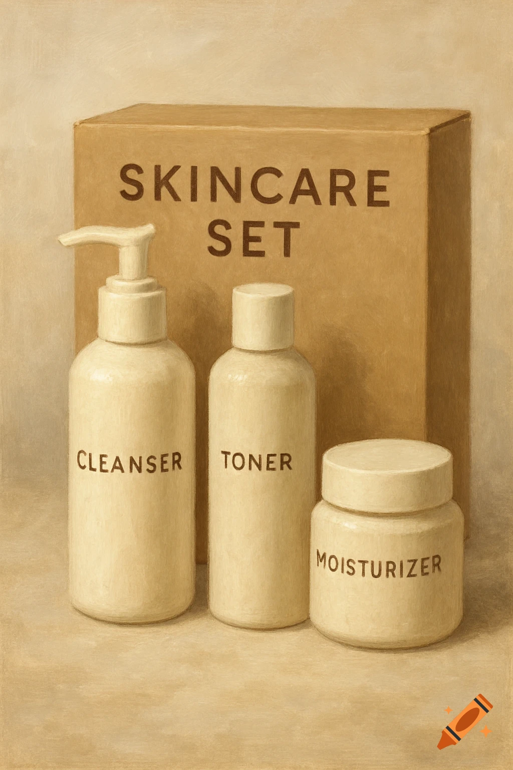 A skincare set is shown with labeled cleanser, toner, and moisturizer bottles.