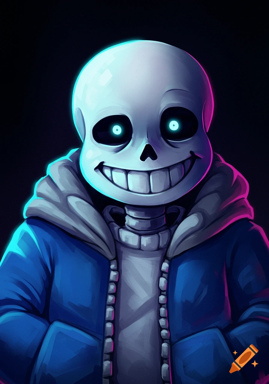 Sans the skeleton from Undertale, wearing a blue jacket with glowing blue eyes.