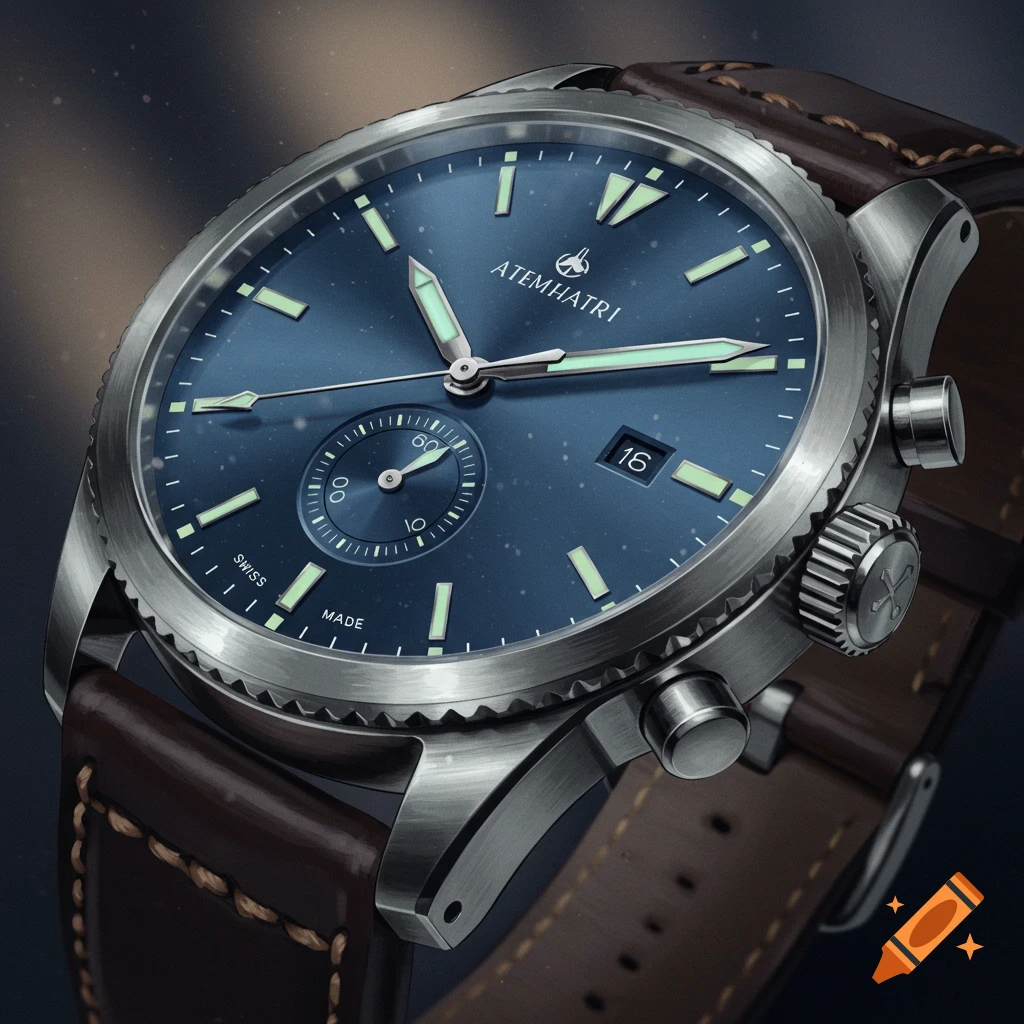 A close-up of a blue watch with a brown leather strap.