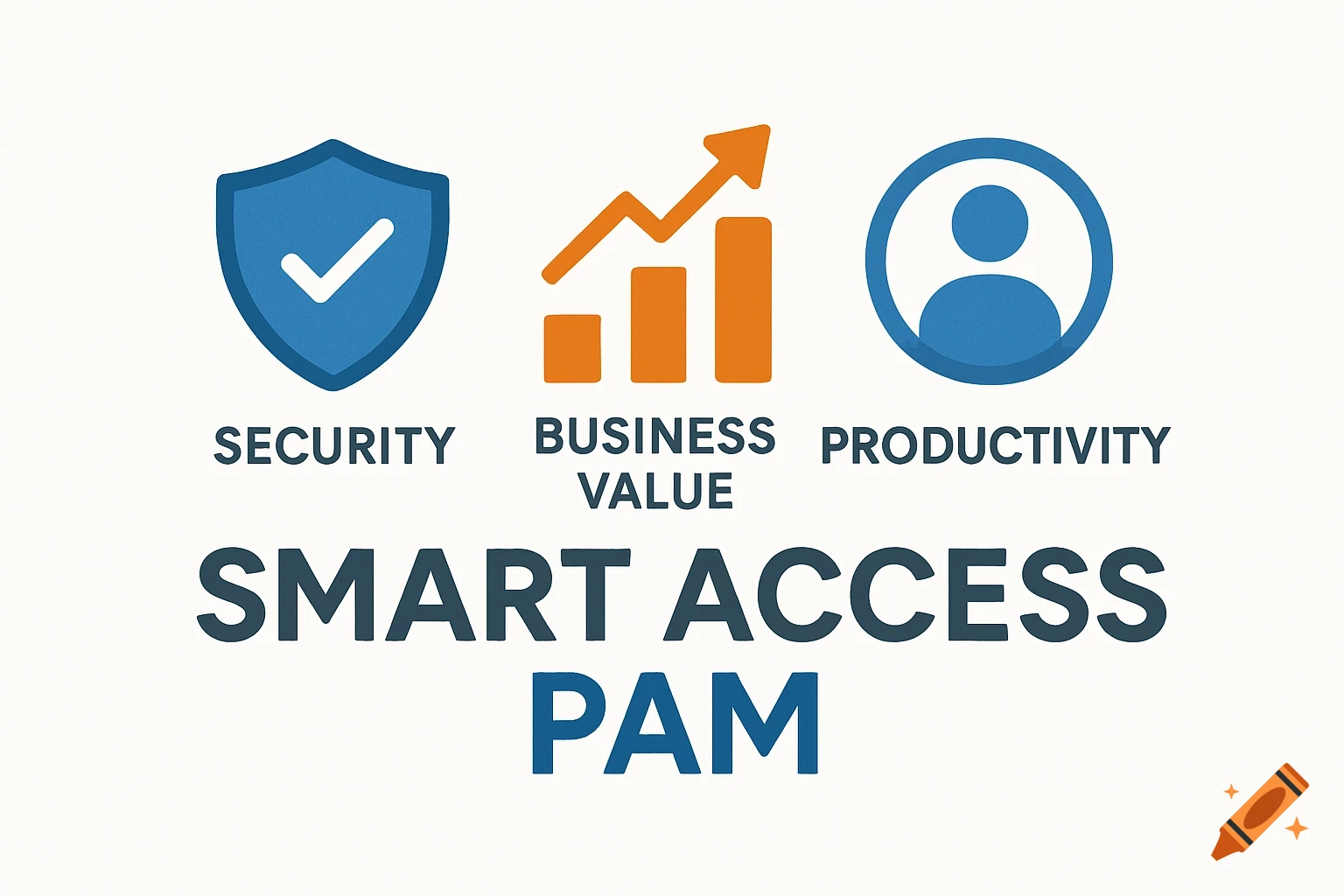Logo with icons for security, business value, productivity, and text 'SMART ACCESS PAM'