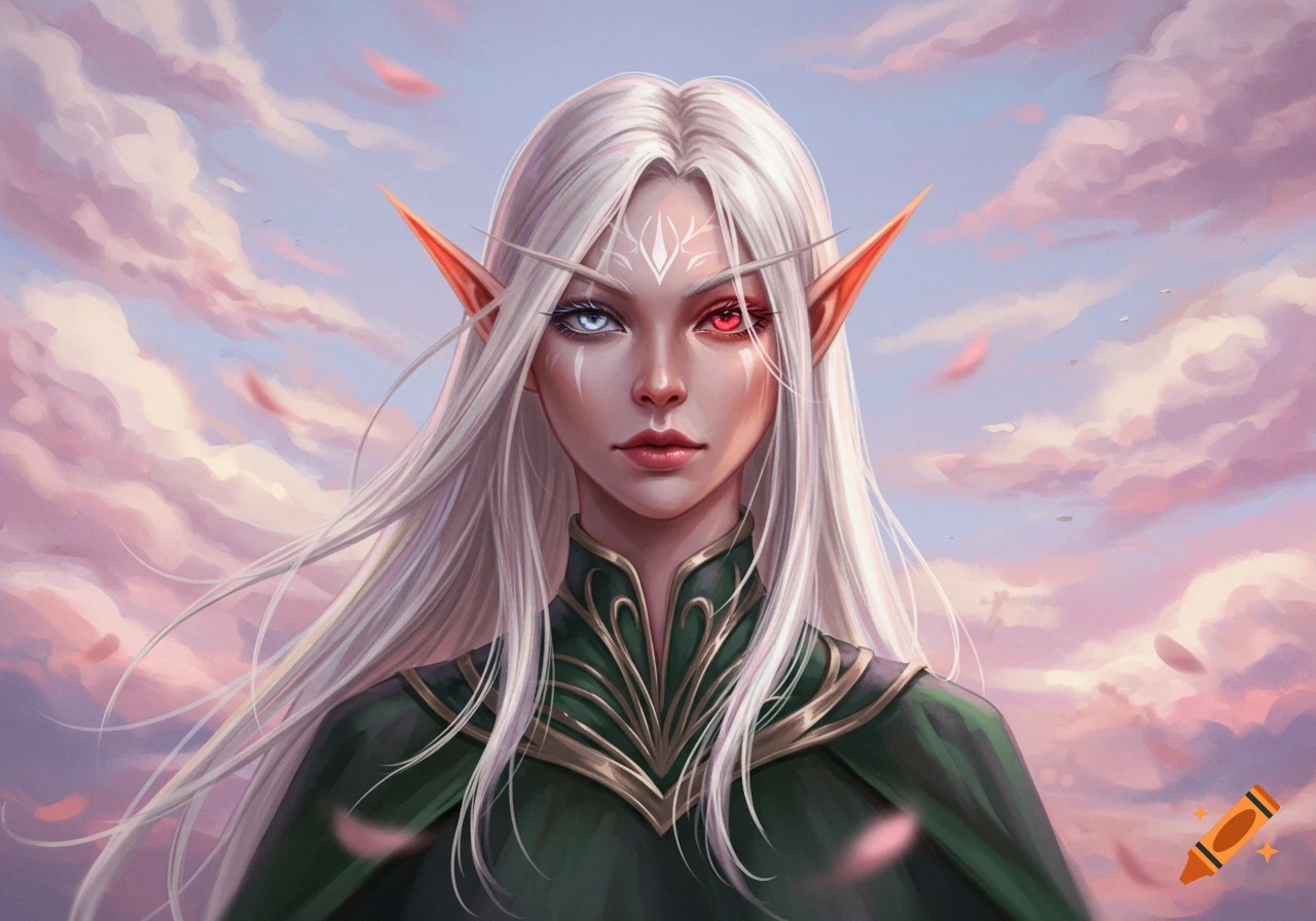 A female elf with white hair, pointy ears, and mismatched blue and red eyes against a cloudy sky.