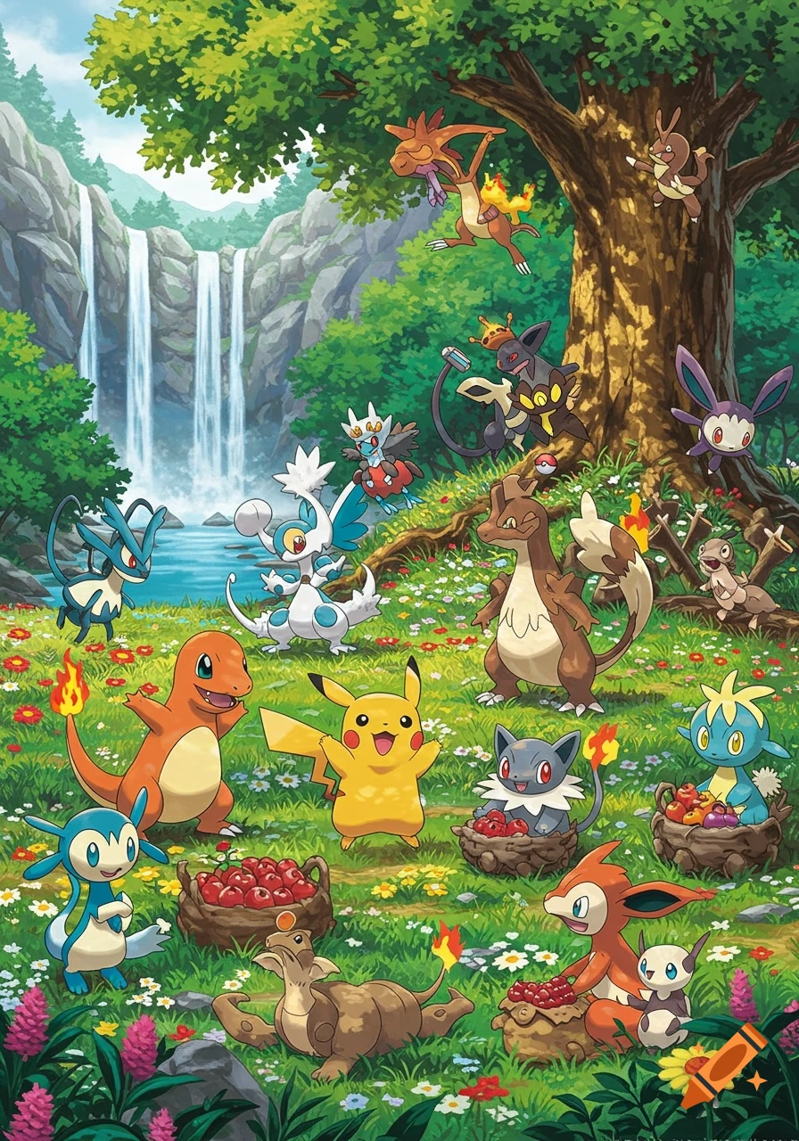 Various Pokemon including Pikachu and Charmander gather berries by a waterfall in a forest clearing, illustrated.