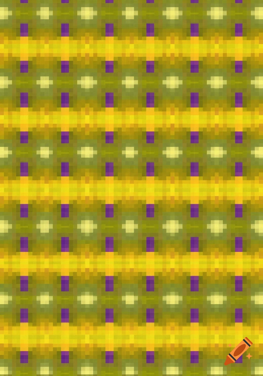Symmetrical pixelated pattern in yellow, green, and purple.