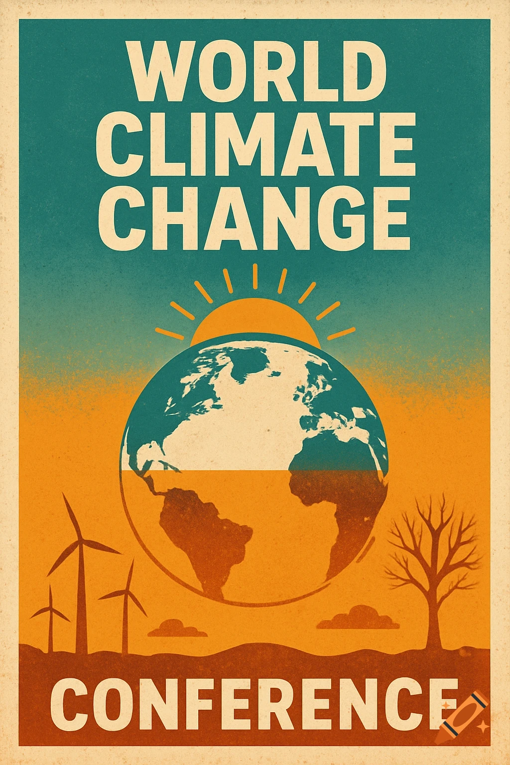 A retro-style poster for the world climate change conference featuring text, a stylized Earth, wind turbines, and a bare tree.