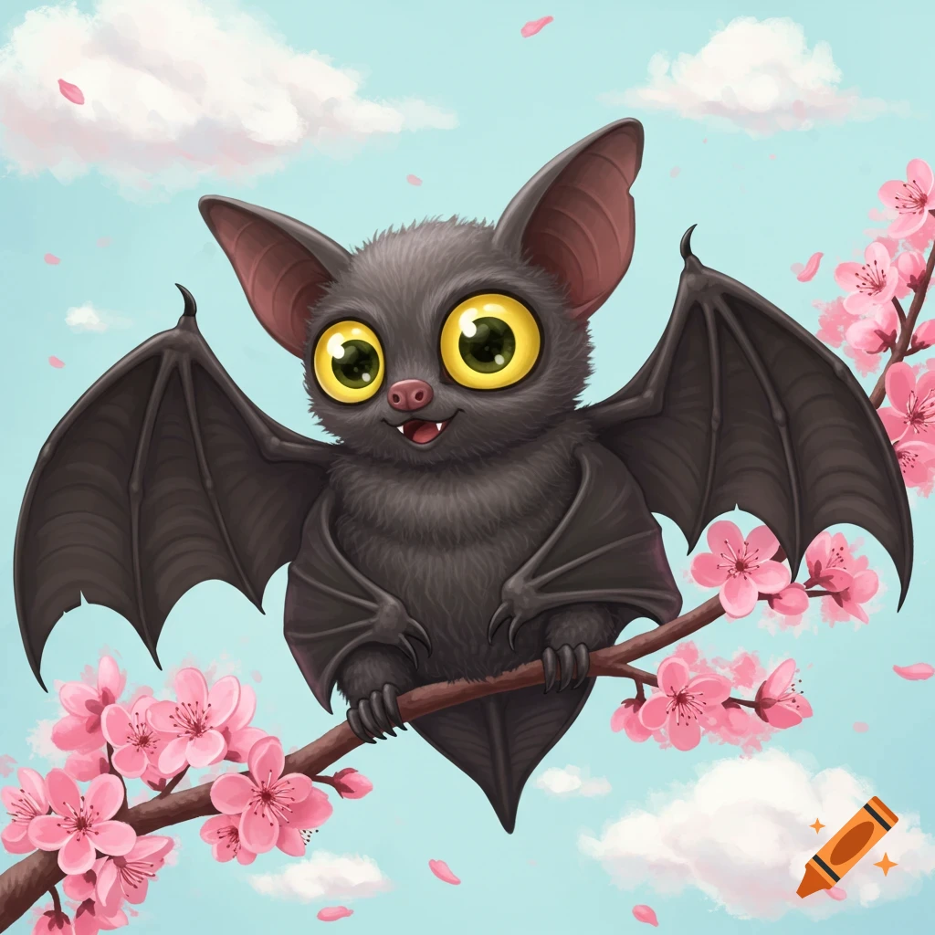 A cute cartoony bat sits on a branch with pink cherry blossoms.