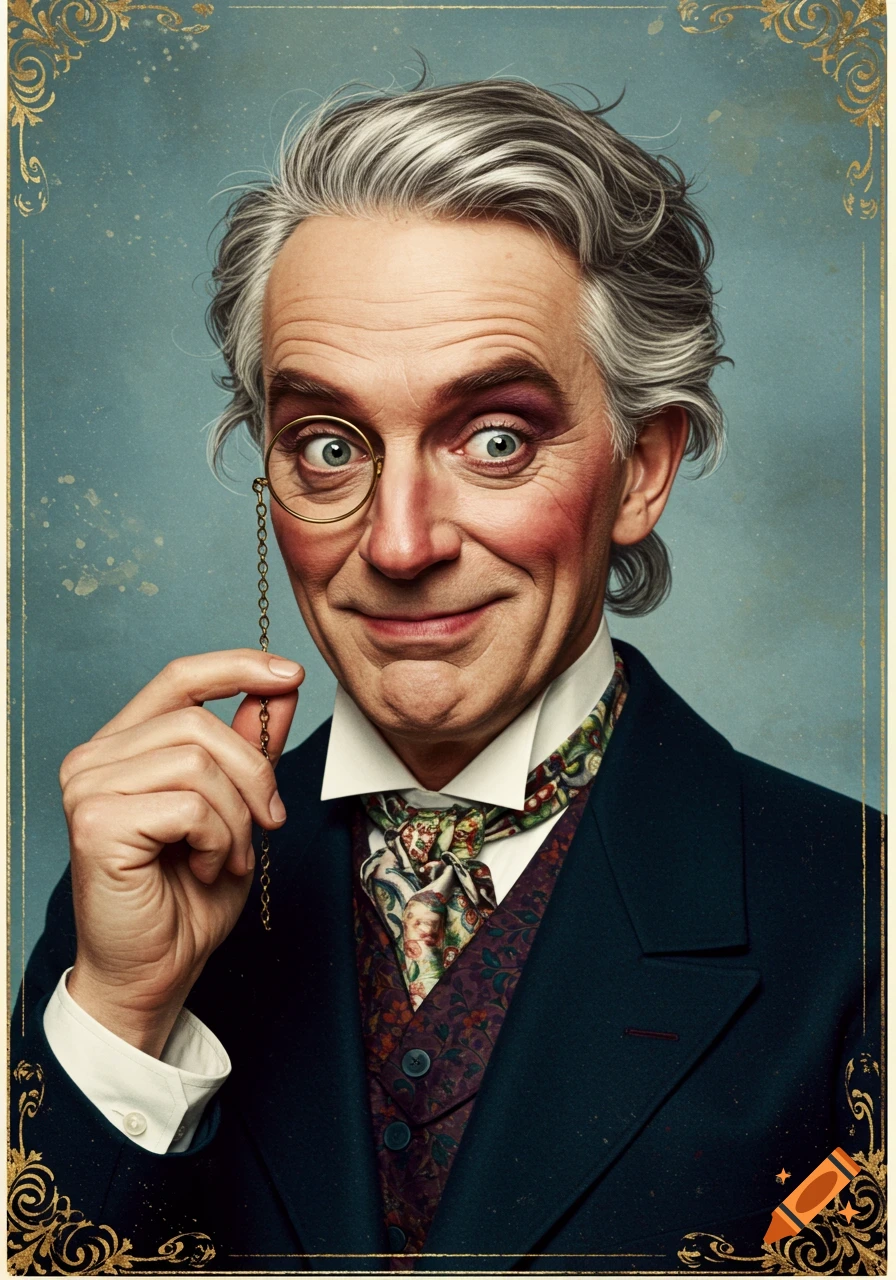 An old-fashioned man in a suit holds a monocle. His makeup is messy.