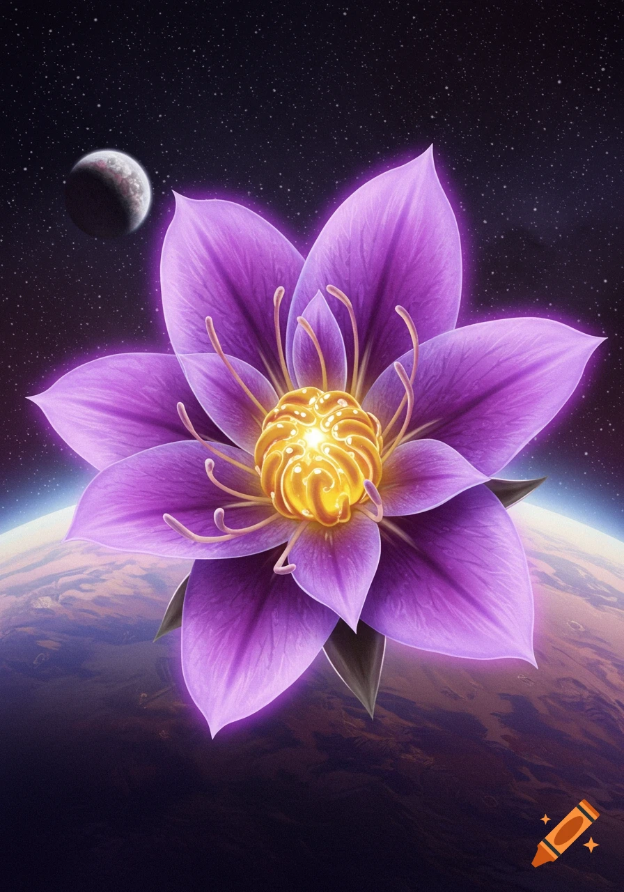 A vibrant purple flower with a glowing yellow center floats above a planet in a starry space scene.