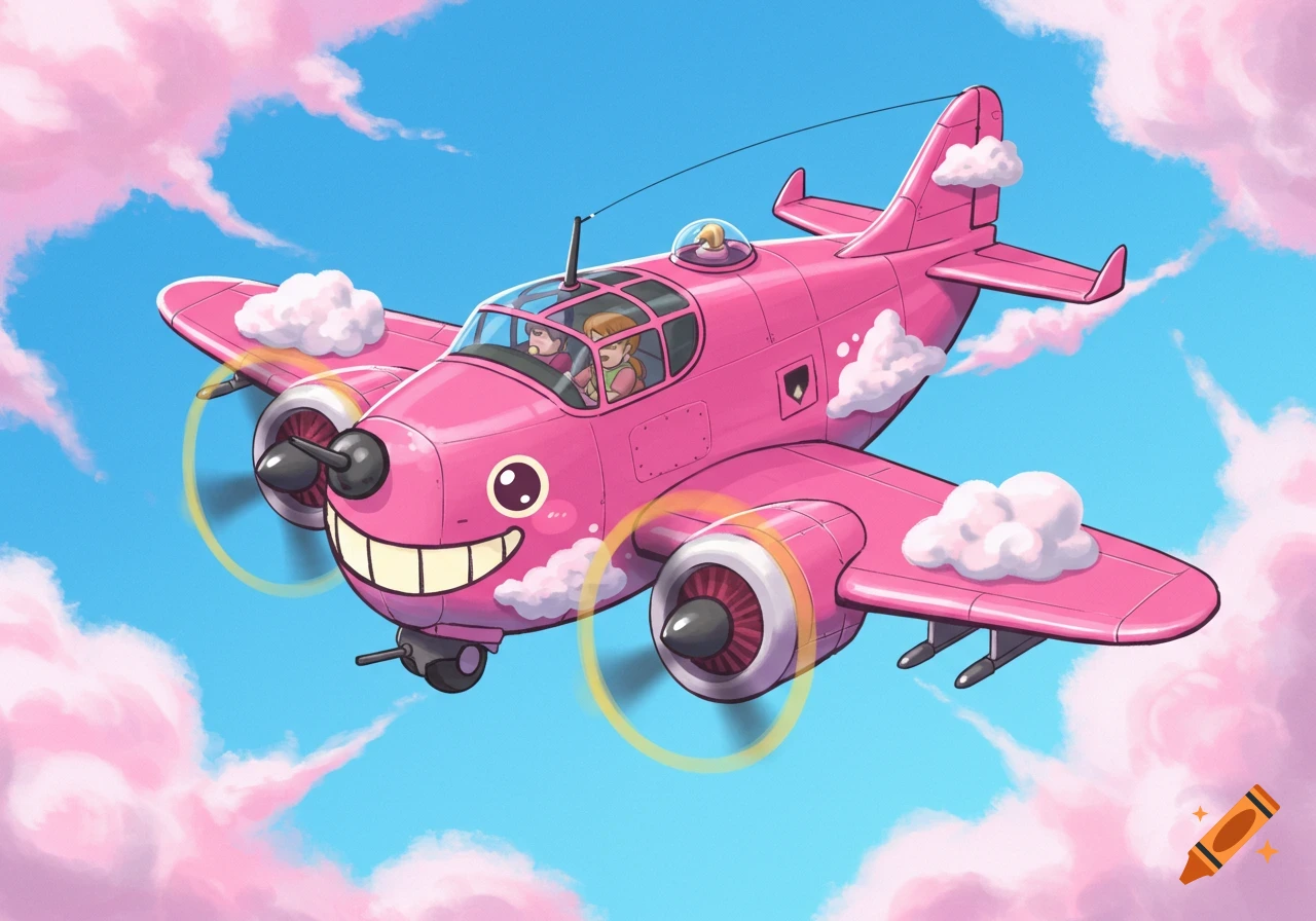 A pink cartoon airplane with a smiling face flies through pink clouds.