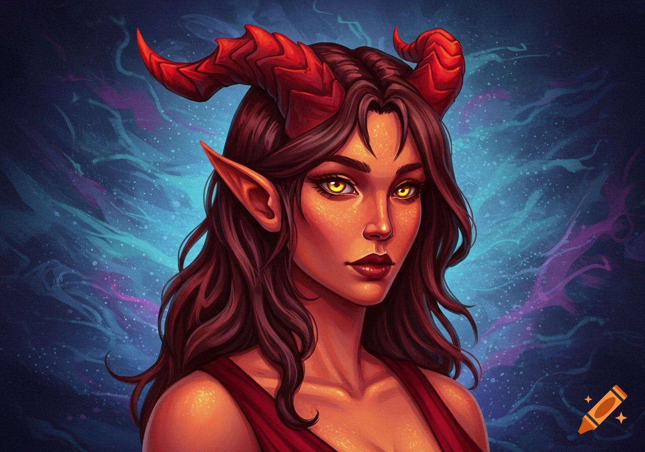 Portrait of a tiefling with red horns, pointed ears, and yellow eyes against a swirly background.