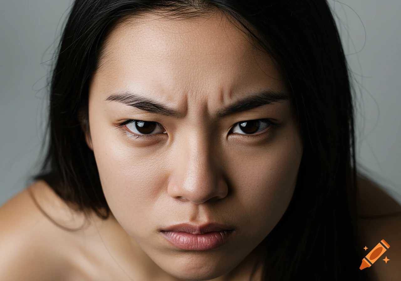 Close-up portrait of an Asian woman with a furrowed brow and angry expression looking up at the camera.