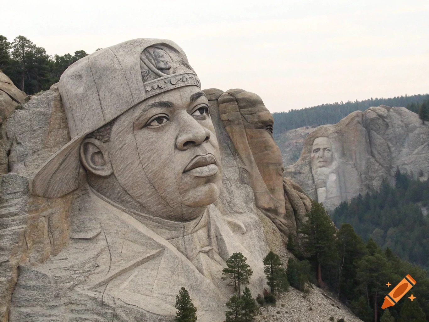 Stone carving of Jadakiss's face on a mountain resembling Mount Rushmore.