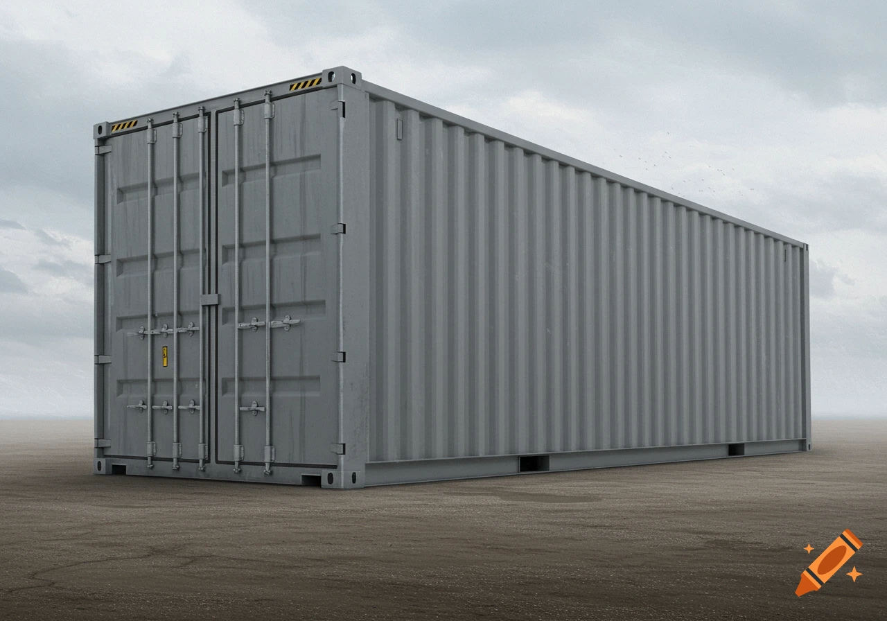 A grey shipping container sits on the ground under a cloudy sky.