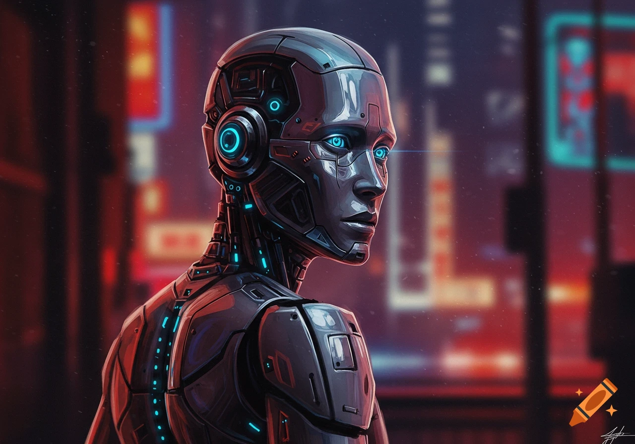 A futuristic robot or android looking back with glowing blue eyes against a city background.