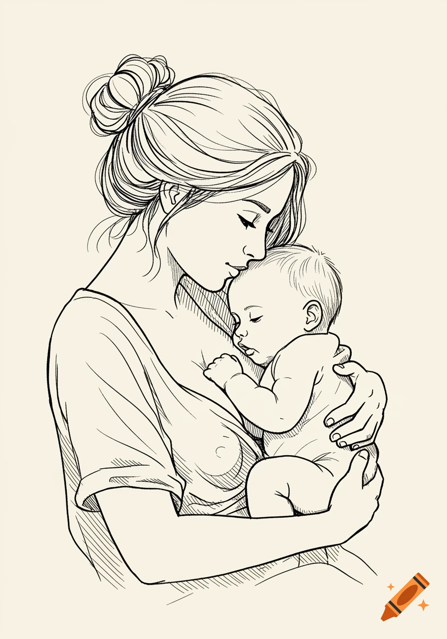 Line drawing illustration of a mother holding her sleeping baby.