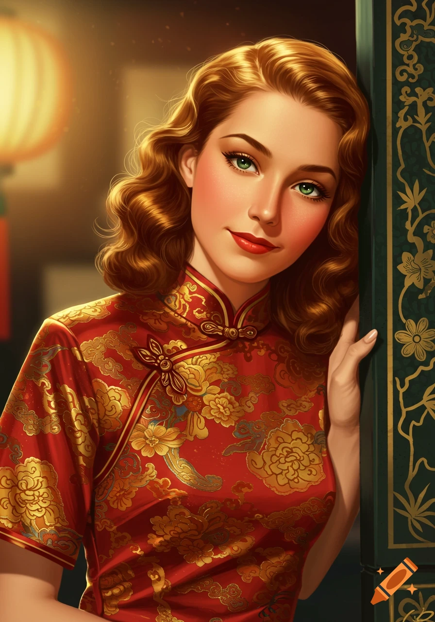 A woman with auburn hair and green eyes wears a red and gold cheongsam while leaning against a panel.