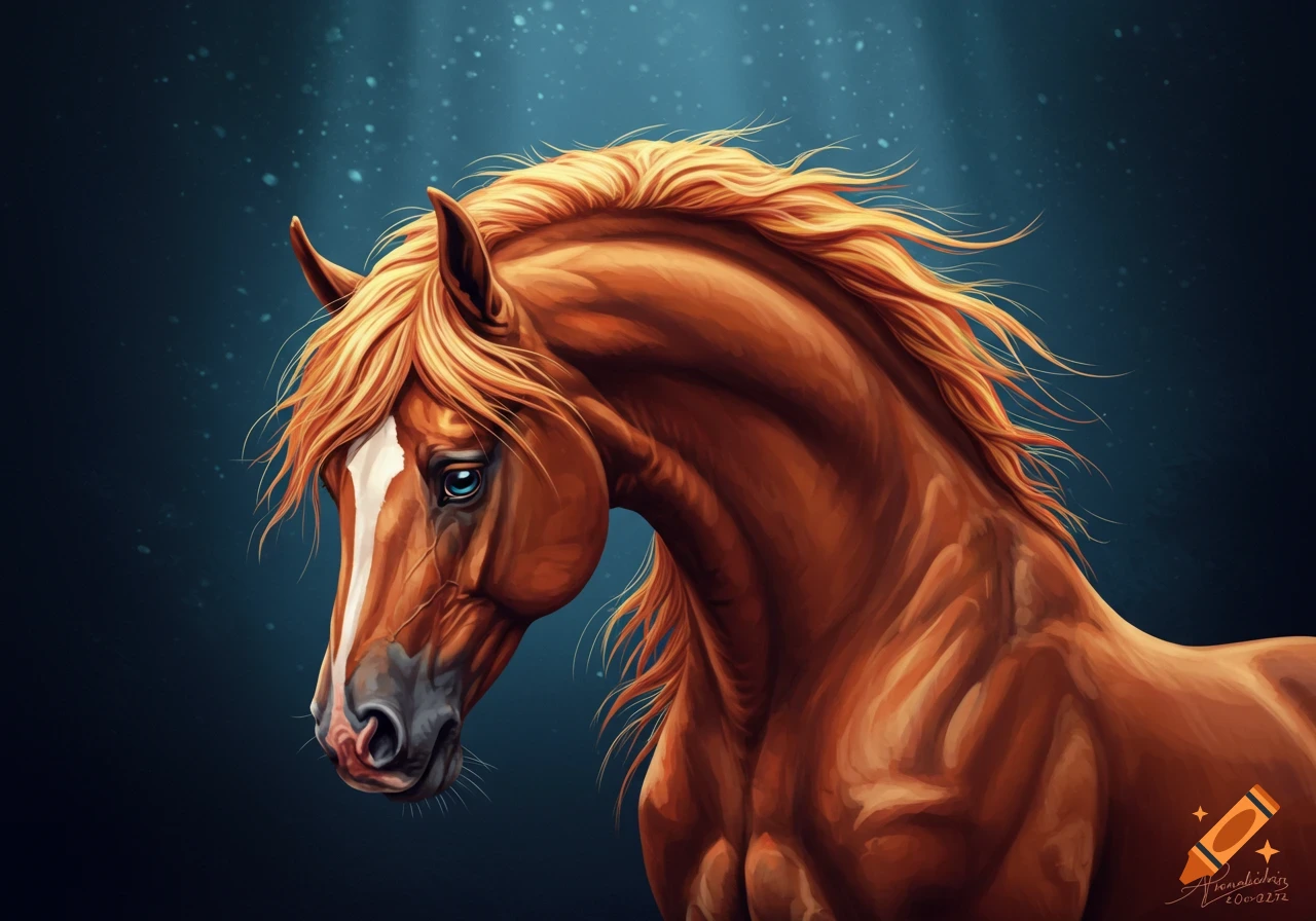 Head of a brown horse with a white blaze, looking down against a dark blue background with light rays and speckles.