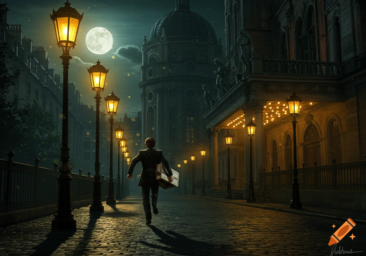 A man runs down a cobblestone street lit by gas lamps under a full moon, away from a grand building.