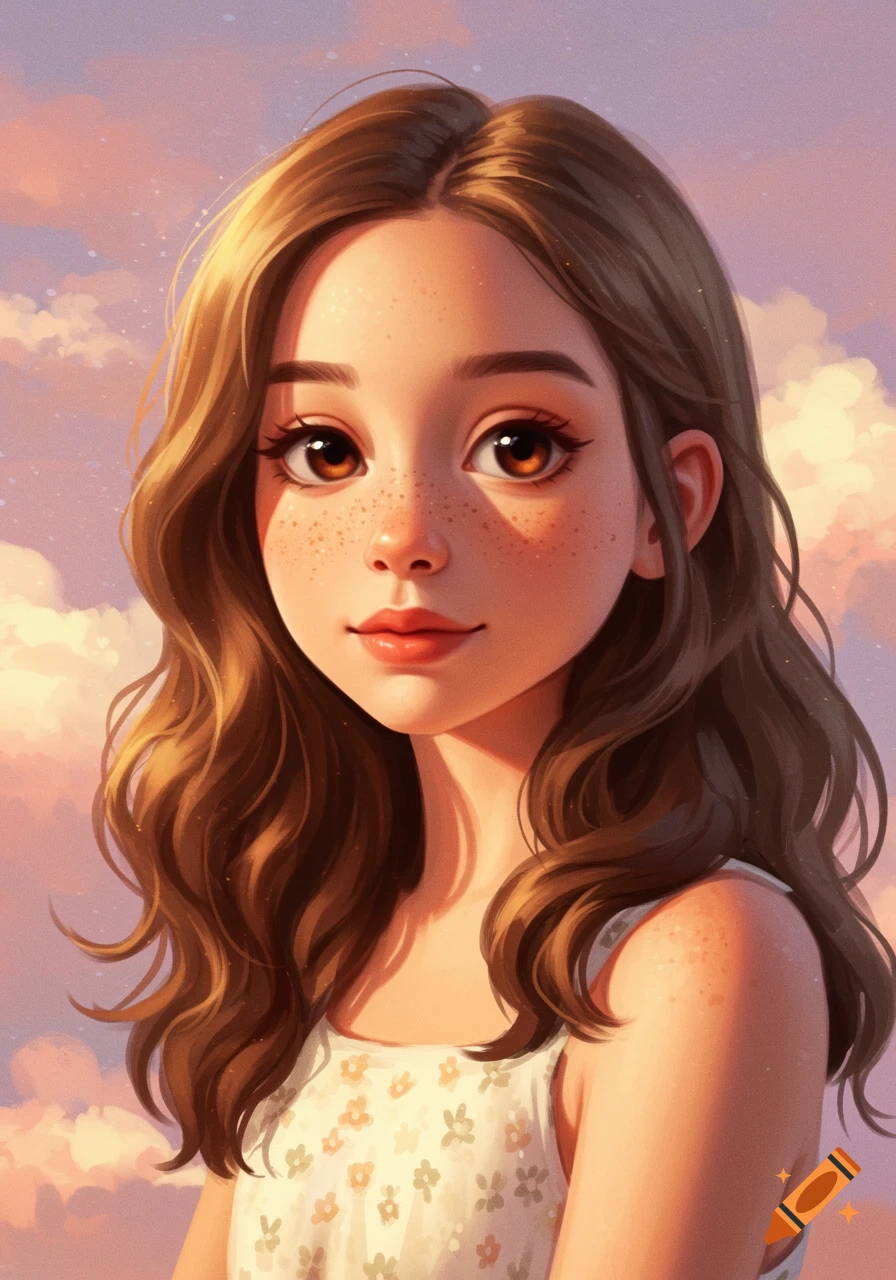 A young girl with brown hair, freckles, and a floral dress is bathed in soft golden light with a pastel sky.